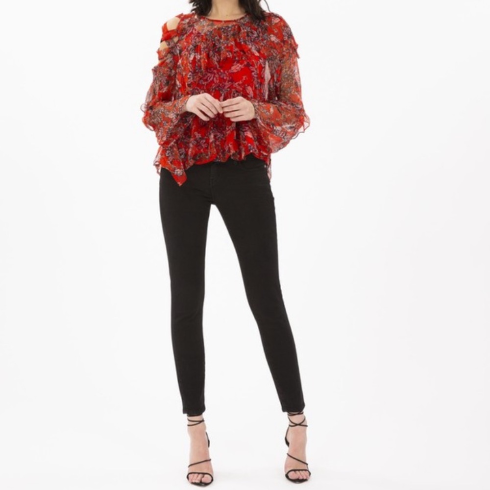 Iro red blouse with shoulder cut out detail